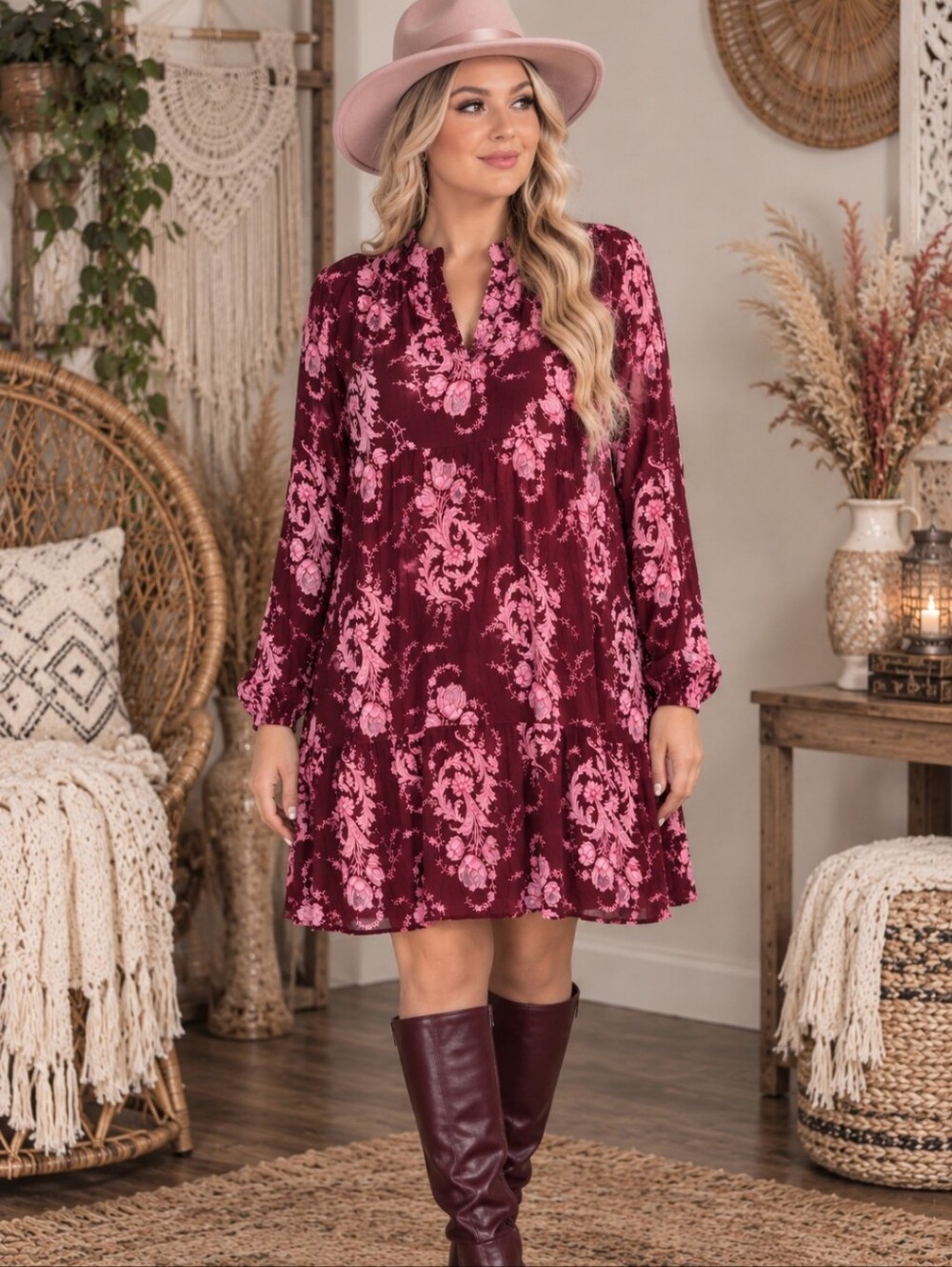 torrid Burgundy Mini Dress with Pink Floral Print